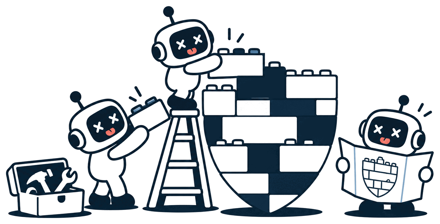 Three robots build a shield out of building blocks