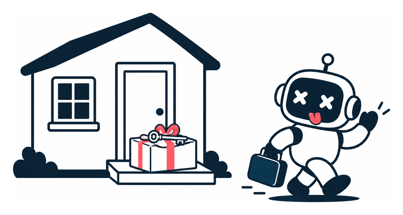 A robot leaves a wrapped parcel with a key on a doorstep and walks away waving