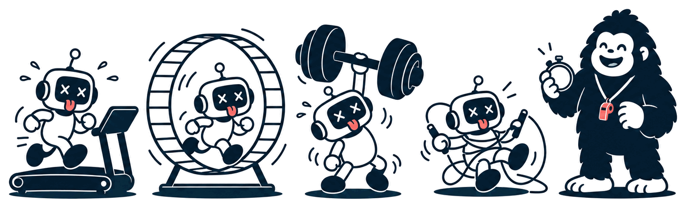 Robots on a treadmill, in a wheel and lifting weights, timed by a Bigfoot coach