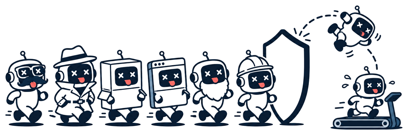 A line of robots in disguises bounces off a shield and lands on a treadmill