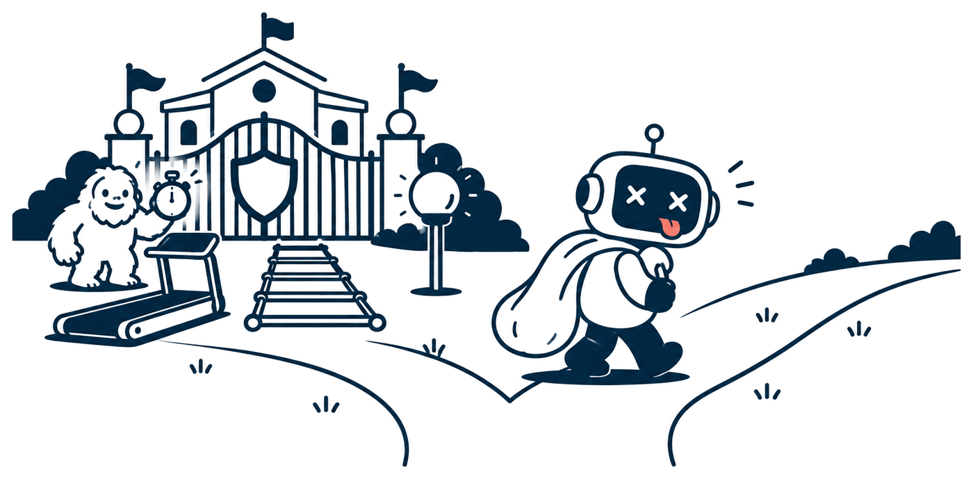 A robot looks at a well-protected building, then walks down the other road