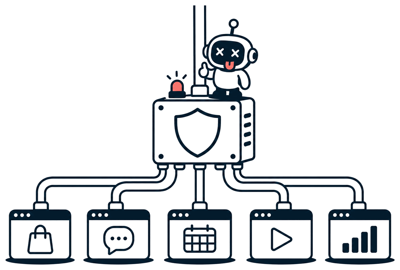 One server with a shield on it, connected by pipes to five different apps
