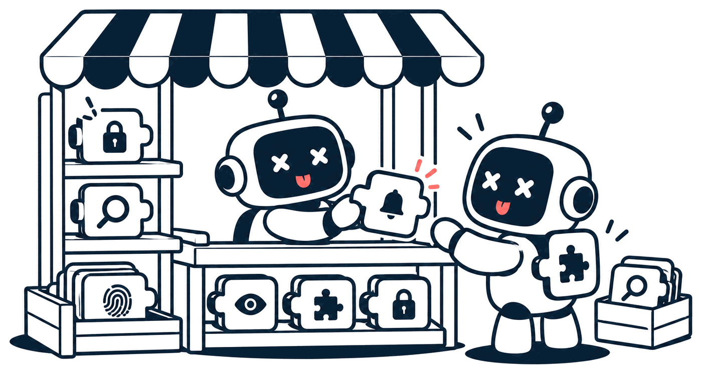 Two robots run a small shop full of add-ons